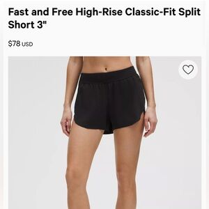 Lululemon Fast and Free High-Rise Classic-Fit Split Short 3" — Black Large